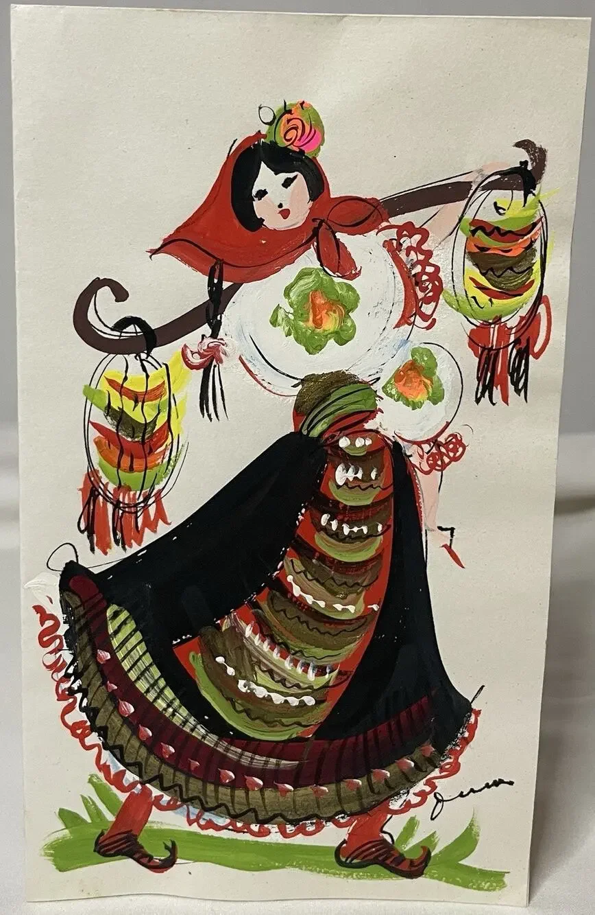VTG Hand Painted Greeting Card w Envelope MidCentury Woman Folk Style Dress OOAK